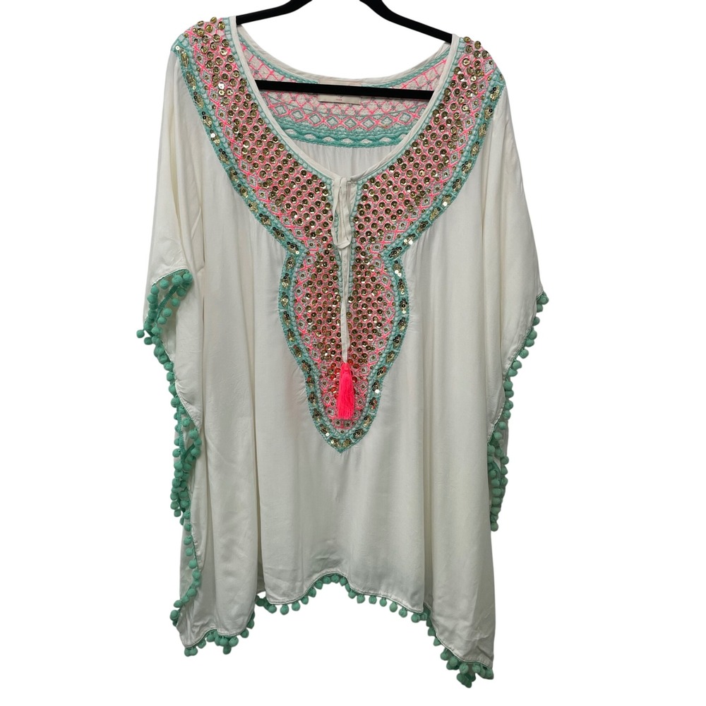 Miss June Paris White Sequin Embroidered Pom Pom Kaftan Tunic‎ Top Cover Up Glam
